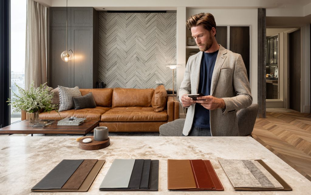 Bachelor evaluating sofa options in showroom