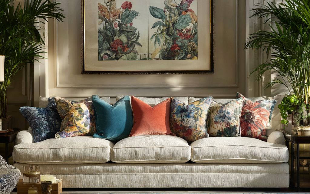 Close-up detail of leather and fabric sofa textures