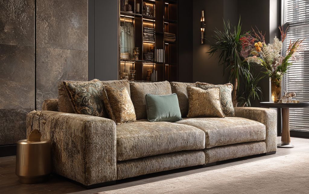 Luxurious fabric sofa with rich texture in an inviting interior