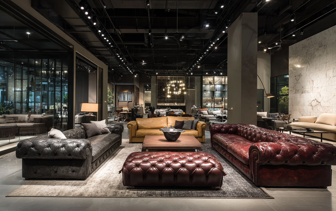 Showroom visit showing various leather and fabric sofa samples