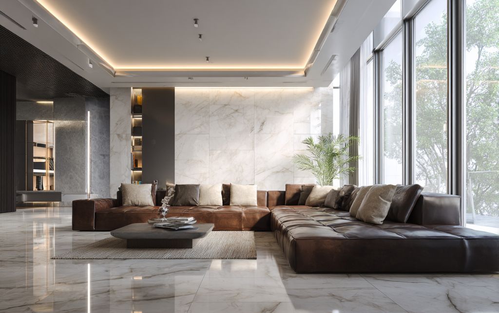 Comparison of leather and fabric sofas in a modern interior setting