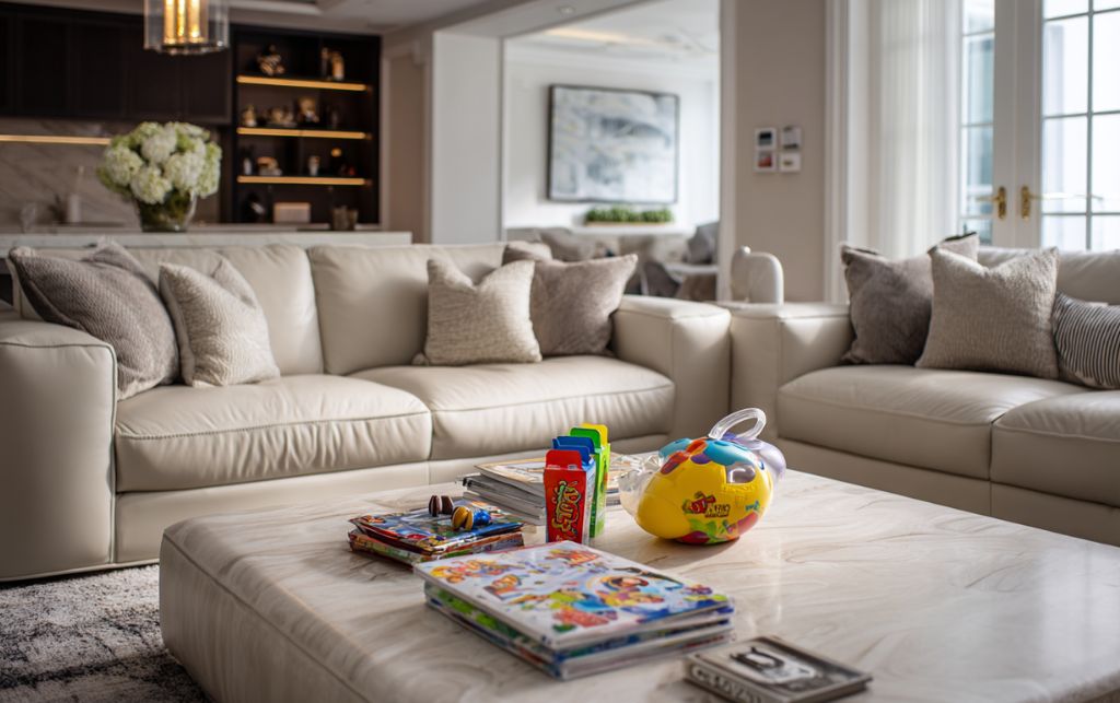 Modern fabric sofa in family-friendly living space