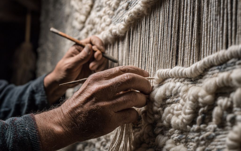 Close-up of hand knotted rug showing intricate knot detail