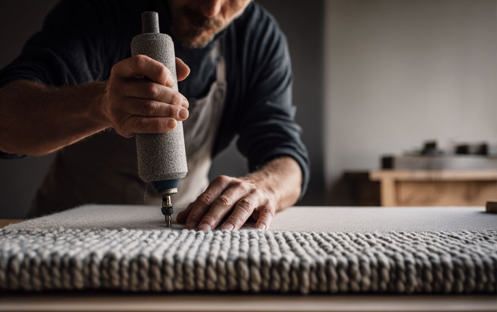 Artisan creating hand tufted rug with tufting gun