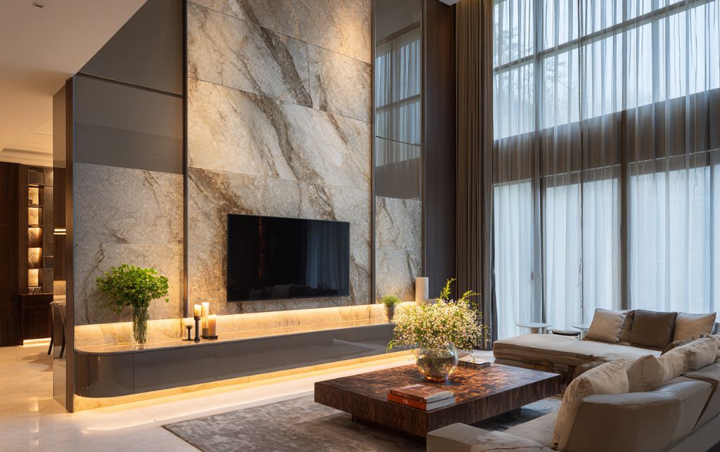 Interior design consultation showing TV unit finish options