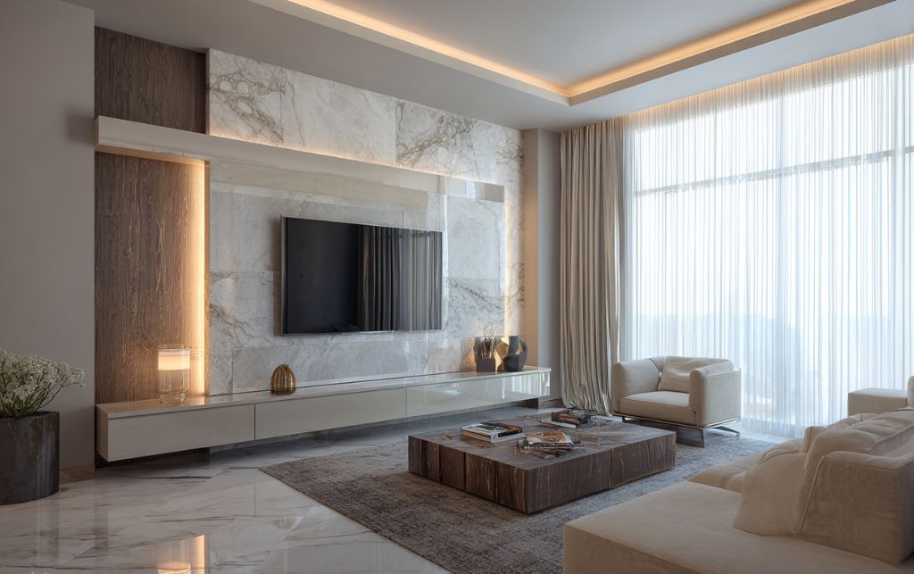 Thoughtfully designed luxury living space with carefully selected TV unit