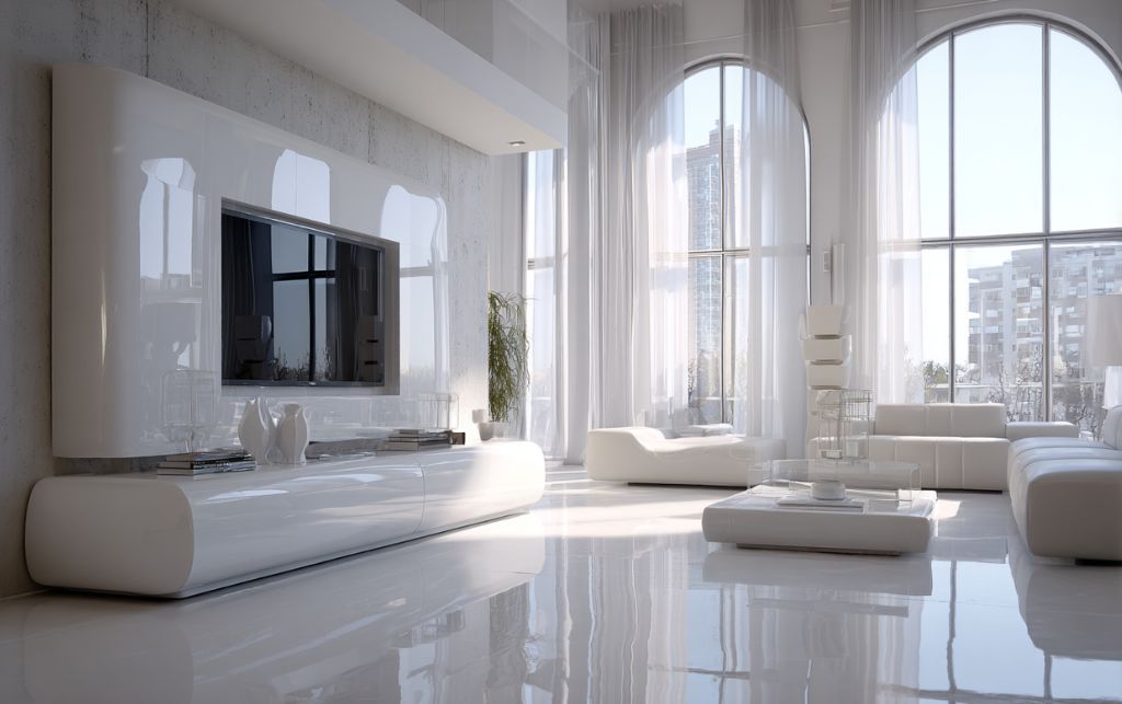 White high gloss TV unit enhancing contemporary living space