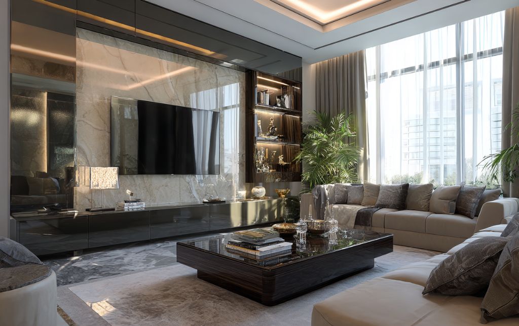 Contemporary luxury interior featuring high gloss TV unit