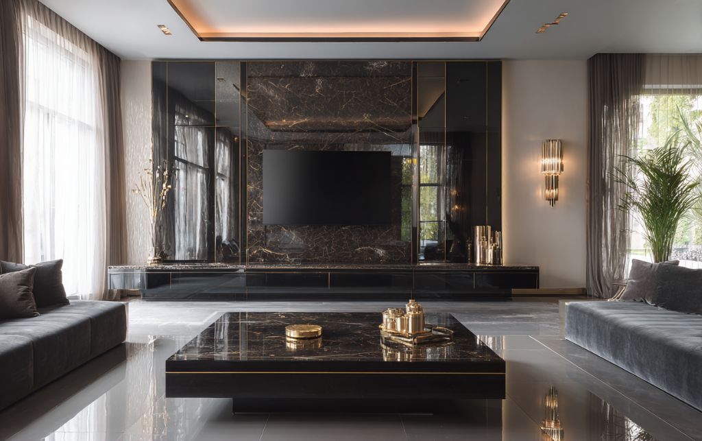 High gloss TV unit in contemporary luxury interior