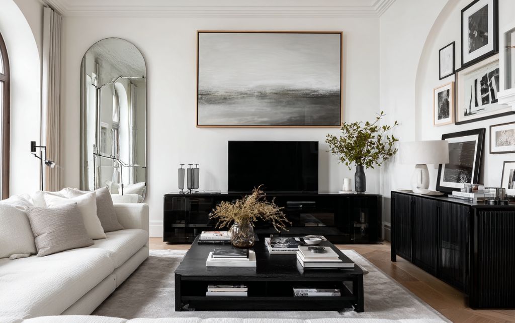 Art and mirrors positioned above black TV unit