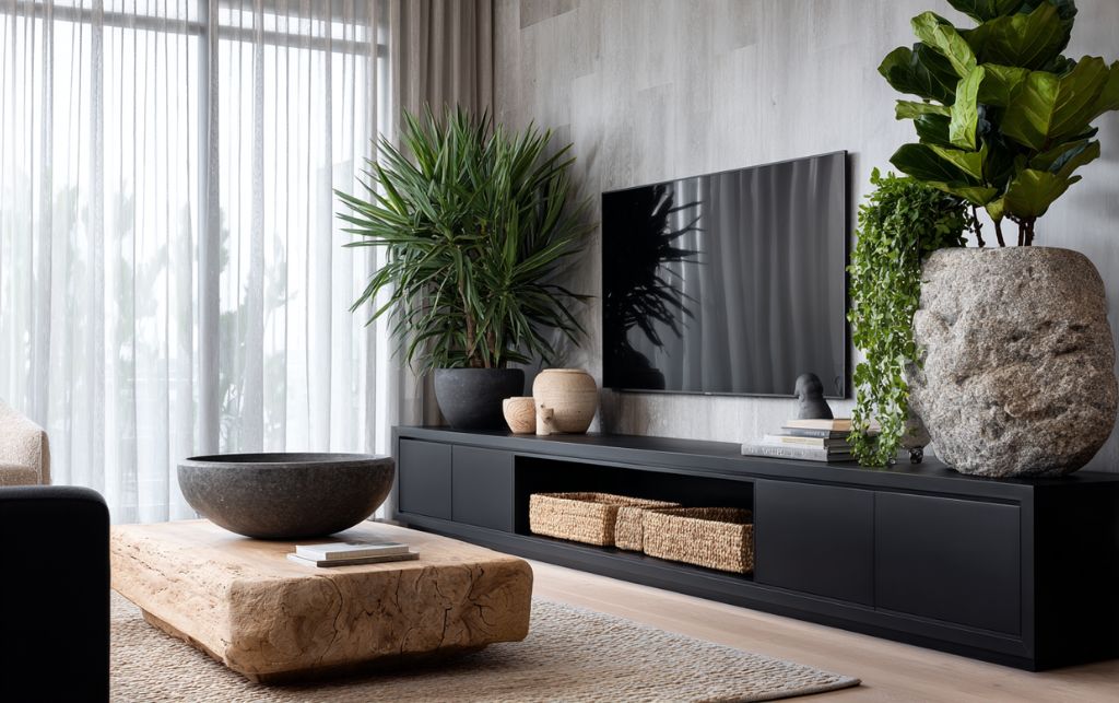 Natural elements and plants with black TV unit