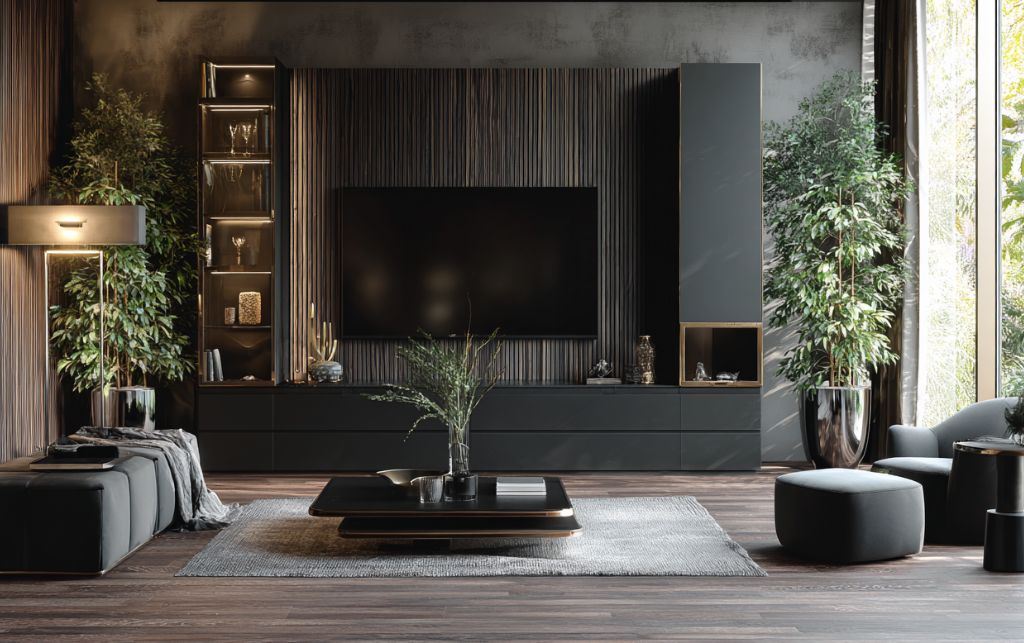 Symmetrical arrangement flanking black TV unit