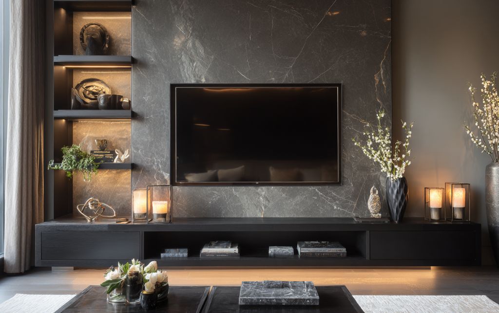 Successfully styled black TV unit in luxury interior