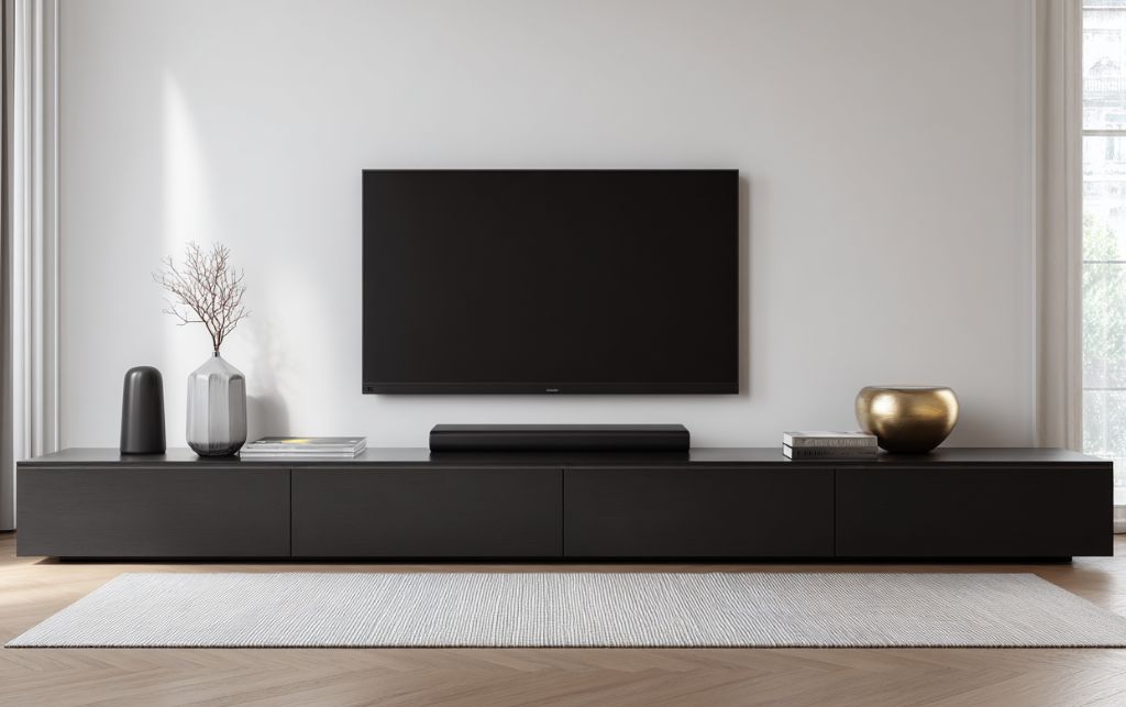 Minimalist styling showing negative space on black TV unit