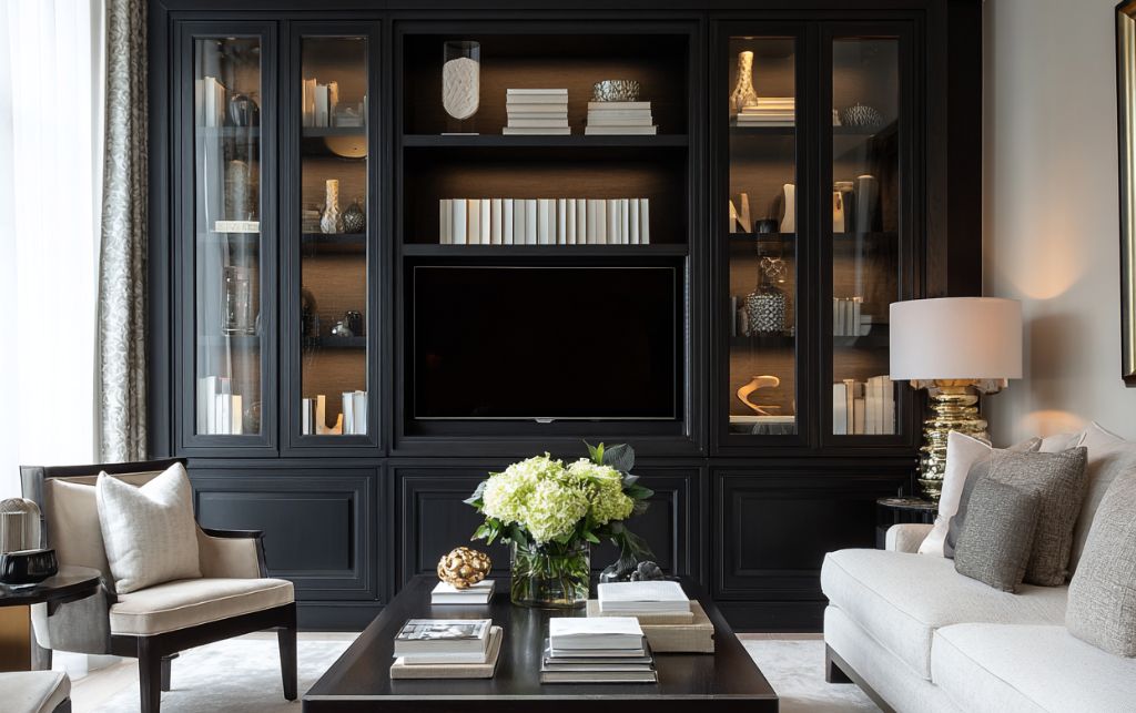 Books and decorative objects styled on black TV unit shelves