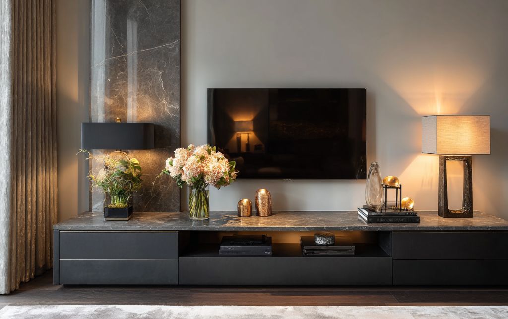 Close-up of black TV unit showing texture and finish