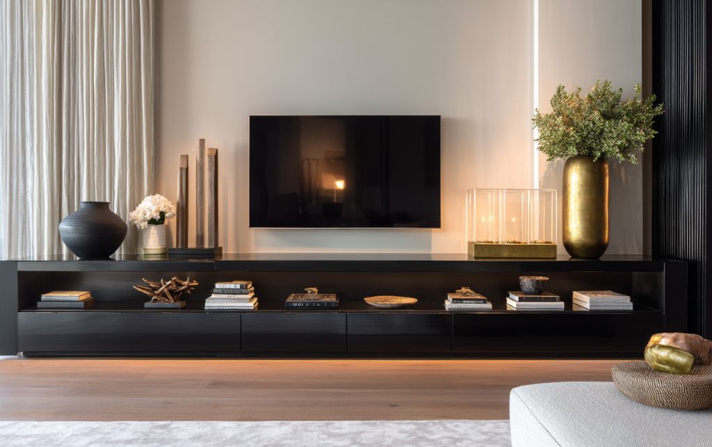 Black TV unit in modern living room setting