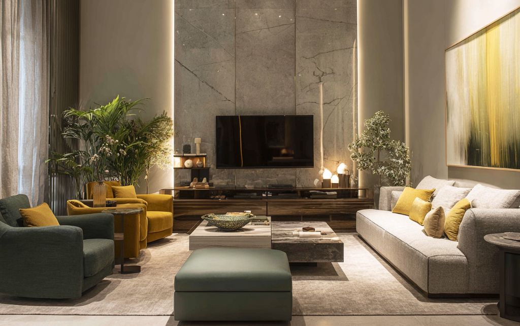 Grey gloss TV unit in contemporary living room setting