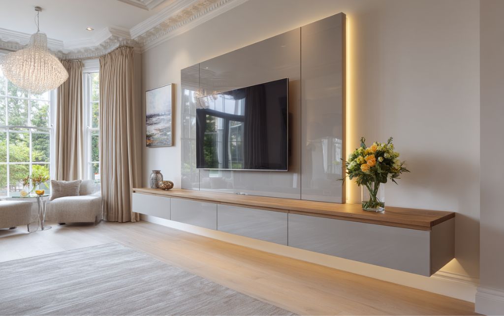 Complete room showing visual harmony with grey gloss TV unit