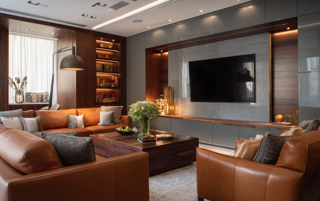 Cognac leather furniture with grey gloss TV unit
