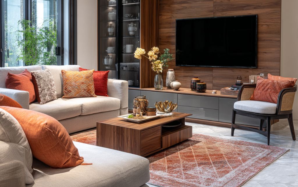 Terracotta accessories with grey gloss TV unit