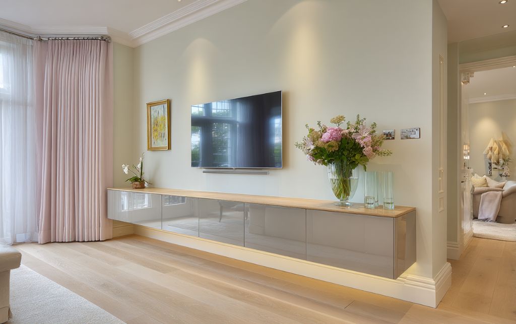 Grey gloss TV unit against warm white walls