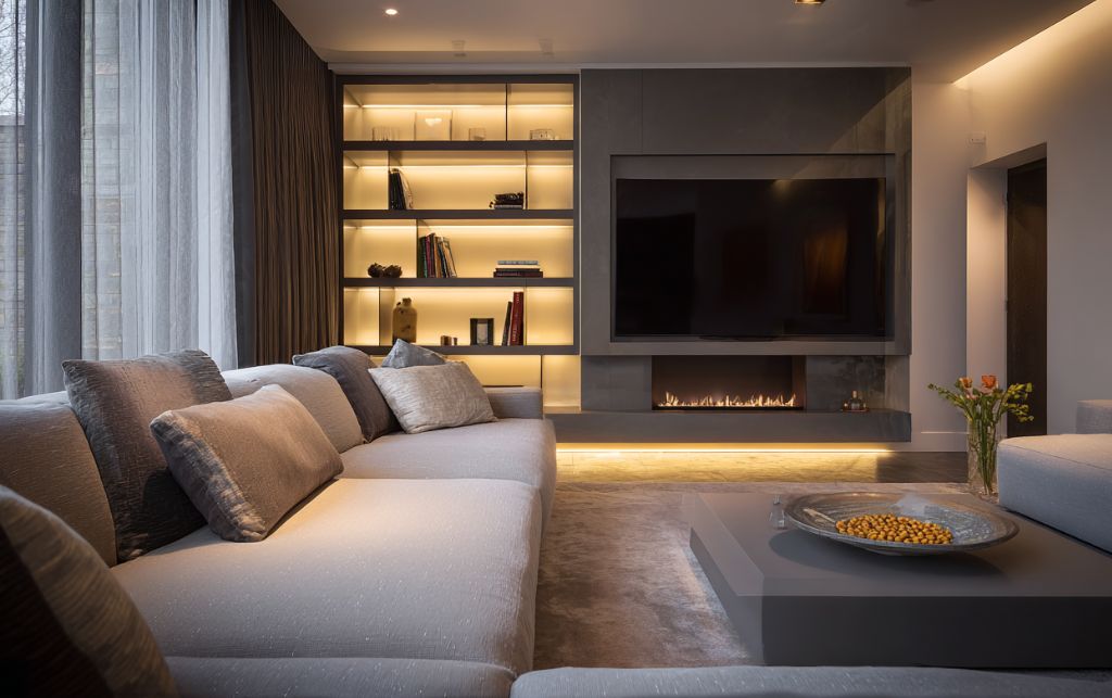 Grey TV unit with integrated LED backlighting and dimmable lighting system