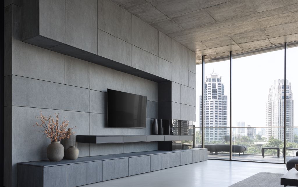 Modern grey TV unit with clean geometric lines and minimalist design