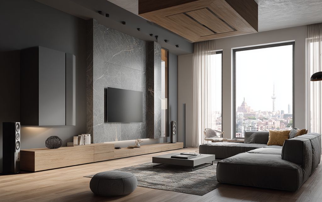 Grey television unit in Notting Hill townhouse with period features