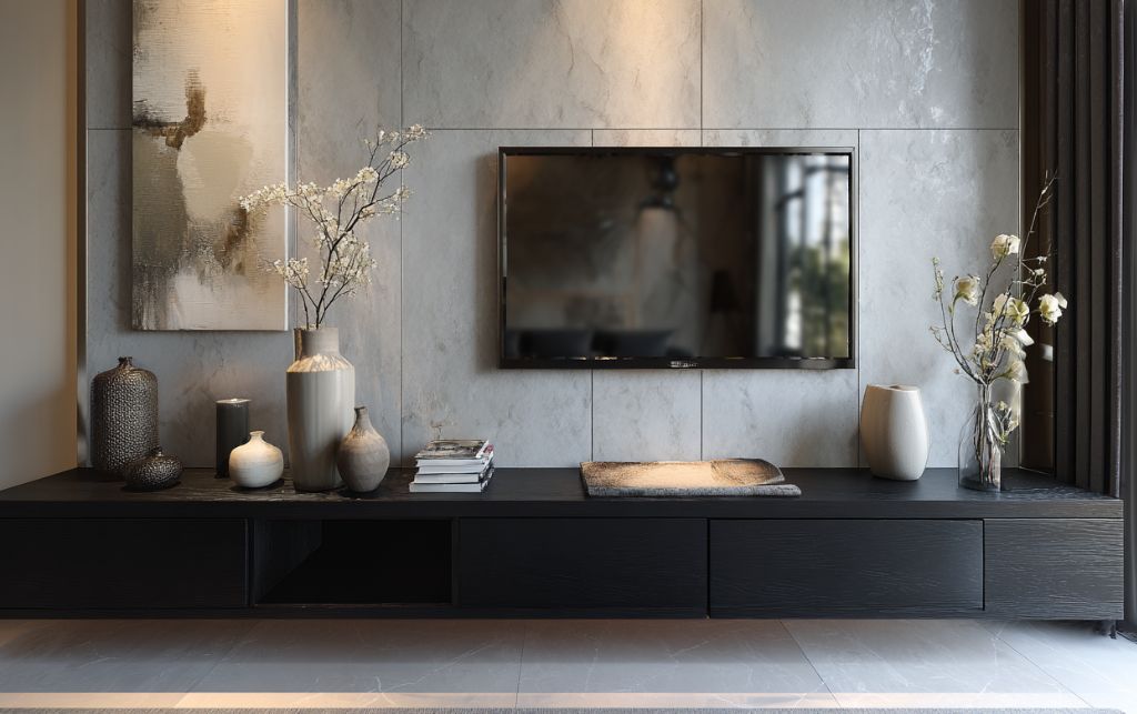 Close-up of black wood finishes and materials