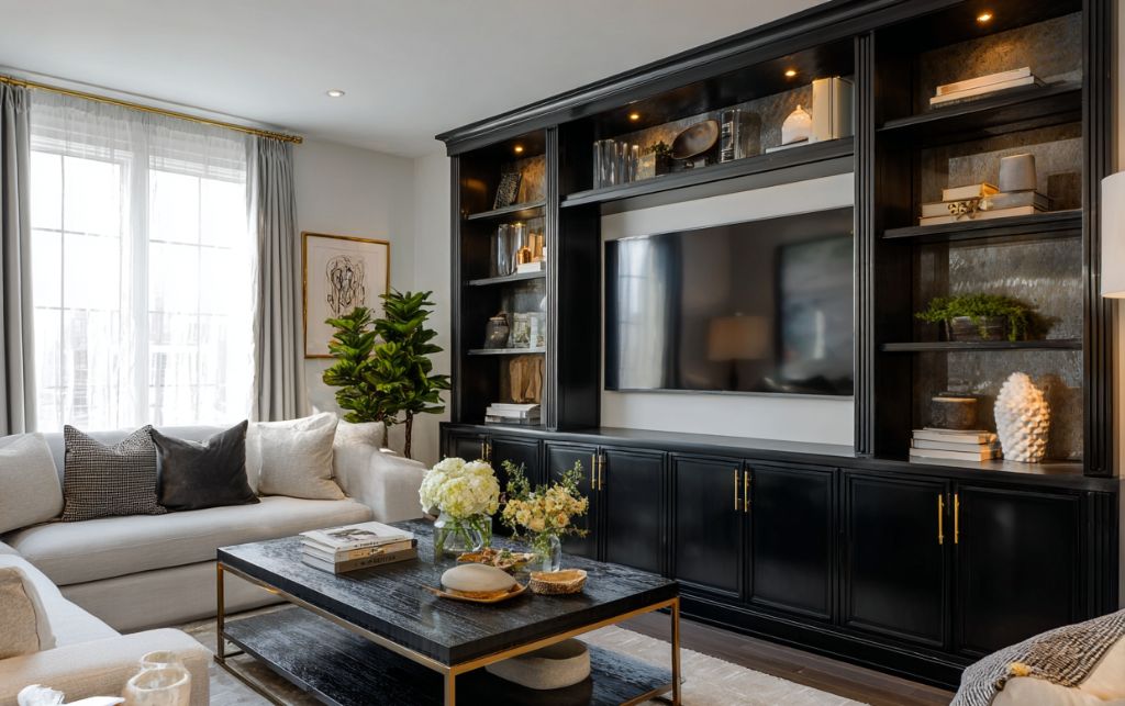 Close-up of black wood finishes and materials