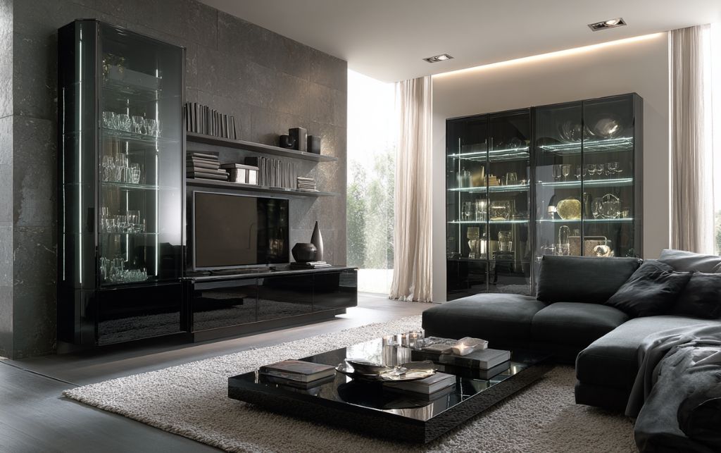 Black glass corner TV unit with transparent shelving