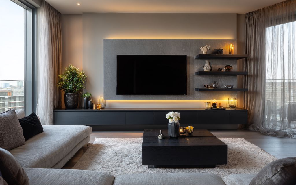 Black corner TV unit in modern interior