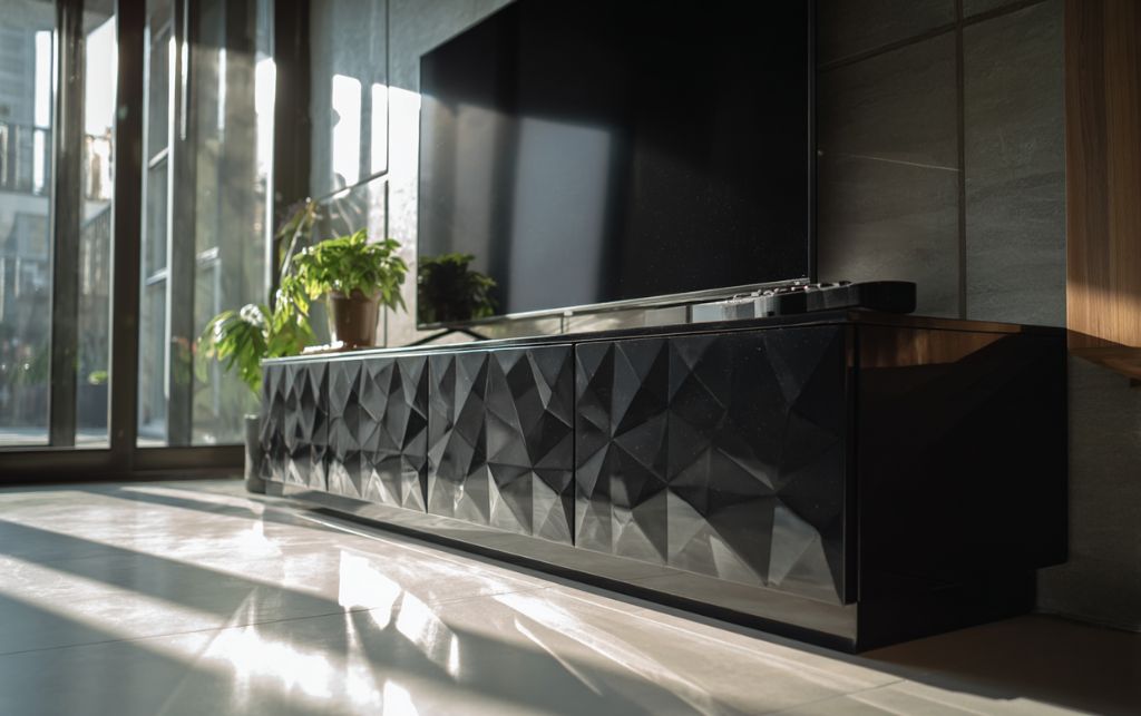 Black gloss corner TV unit with geometric panel detailing