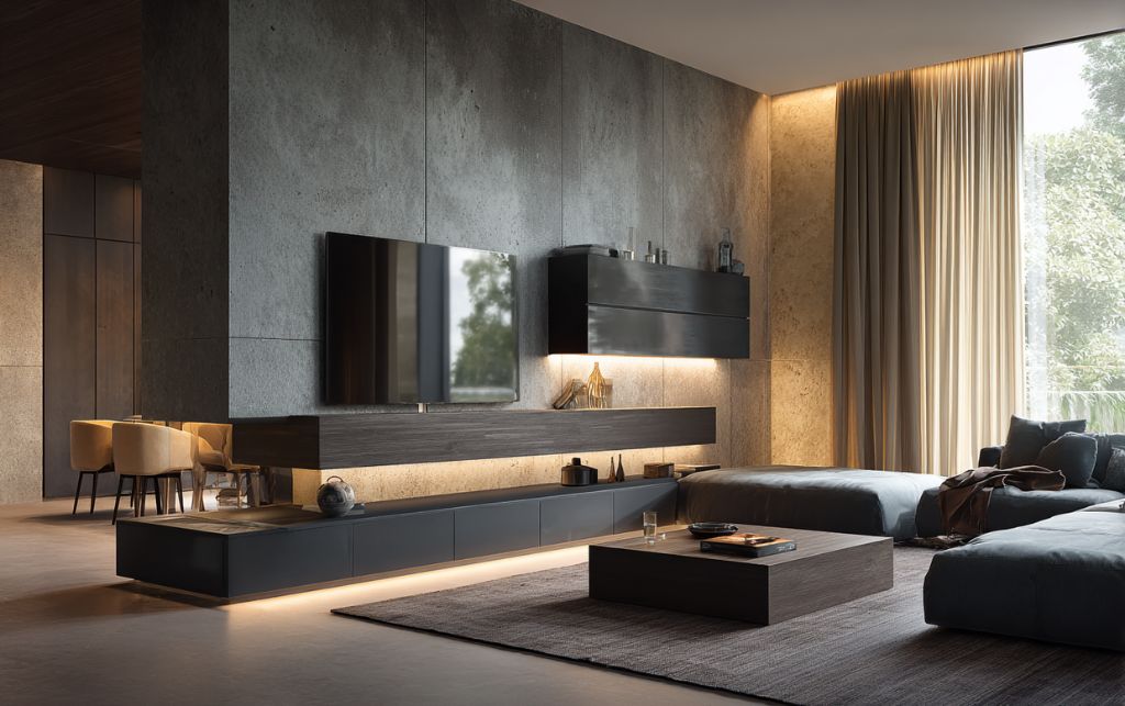 Showroom display of black corner TV units