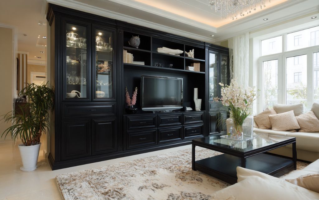 Styled black corner TV unit with accessories and wall styling