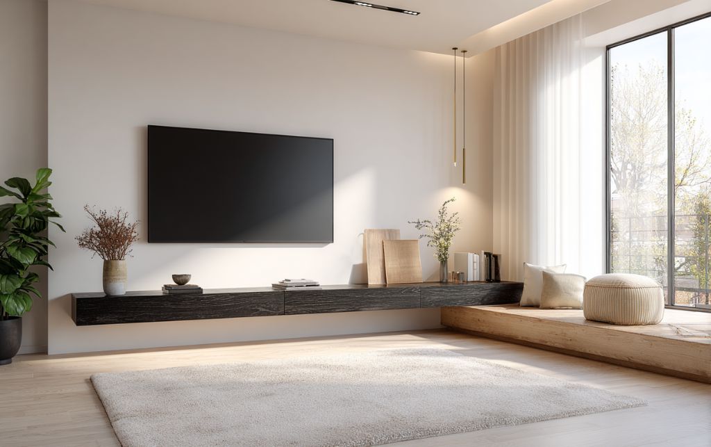 Floating black ash corner TV unit in Scandinavian interior