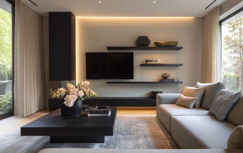 Black corner TV unit demonstrating visual definition in modern interior