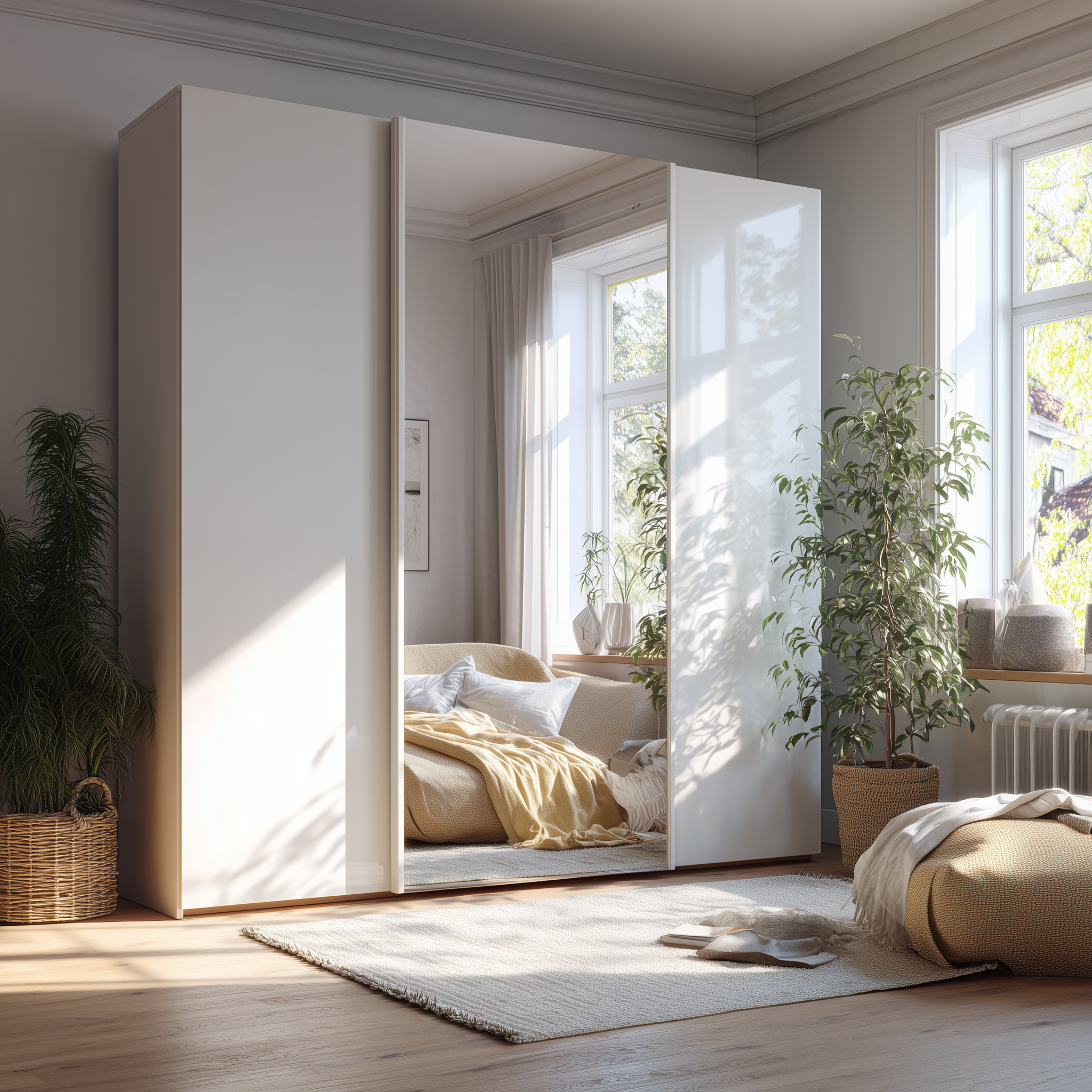 A double wardrobe with mirror in a beautifully appointed bedroom