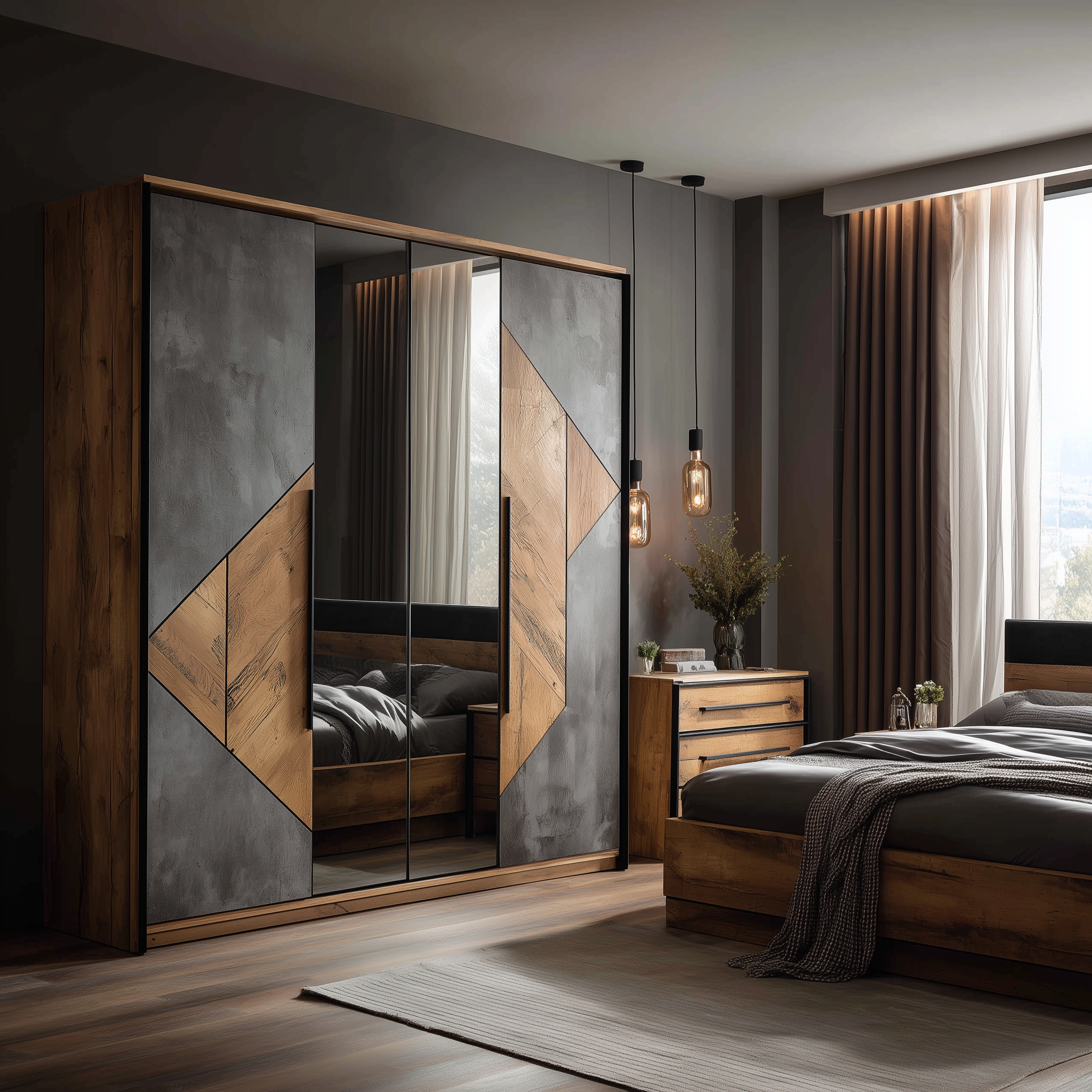 A double wardrobe with mirror in a beautifully appointed bedroom
