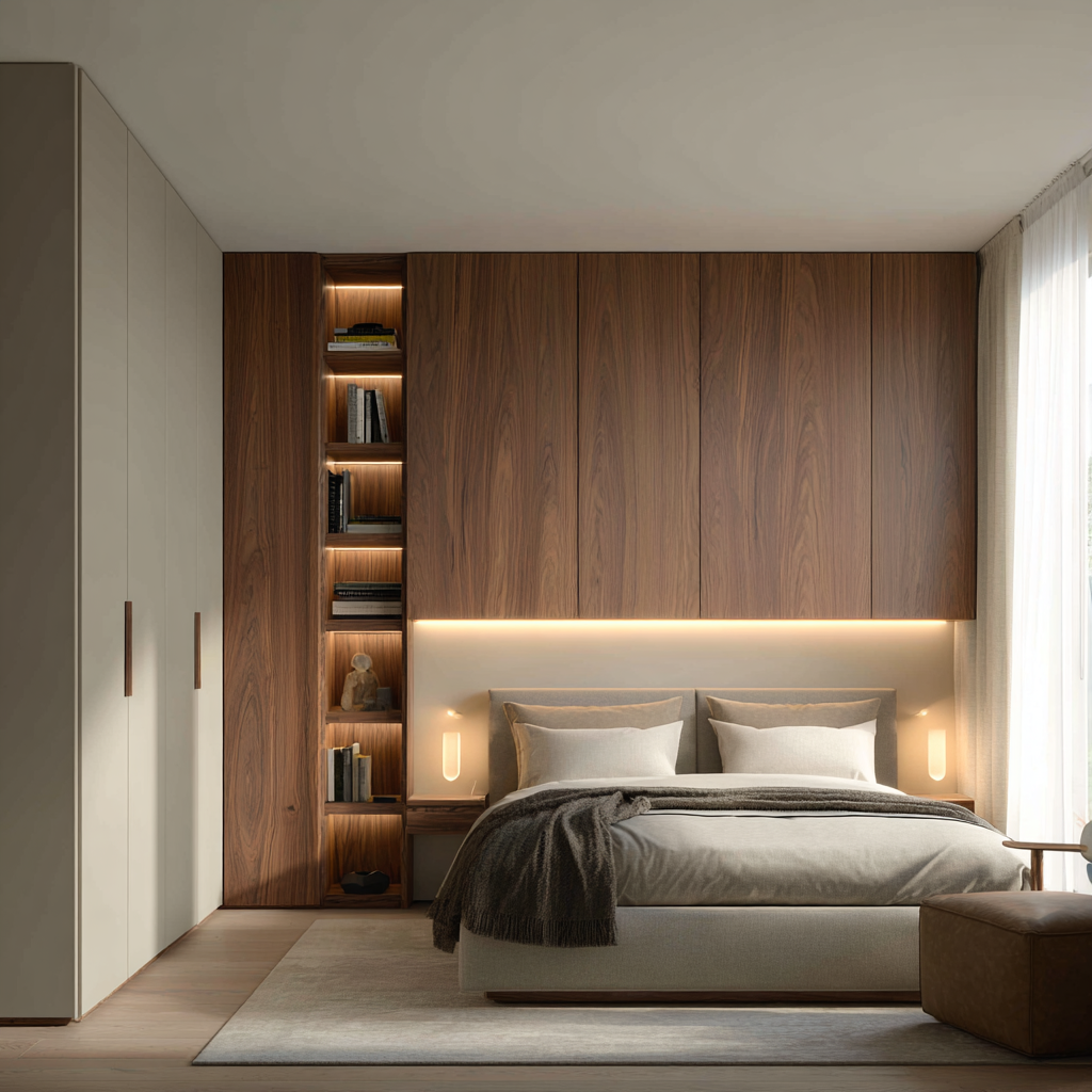 Over bed wardrobe in a small bedroom showing built-in storage above the bed