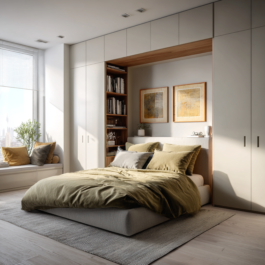 Over bed wardrobe in a small bedroom showing built-in storage above the bed