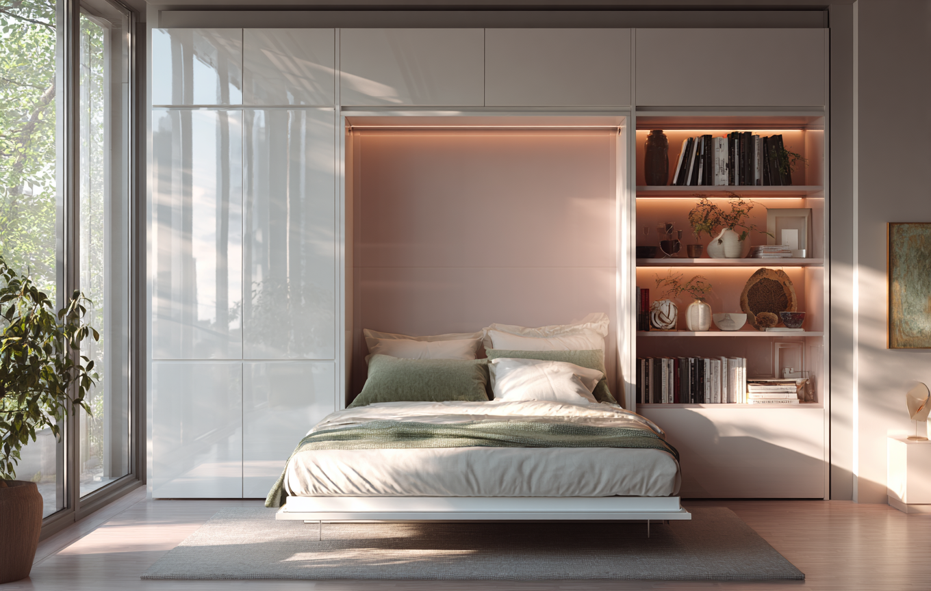 Over bed wardrobe in a modern bedroom showing built-in storage above the bed
