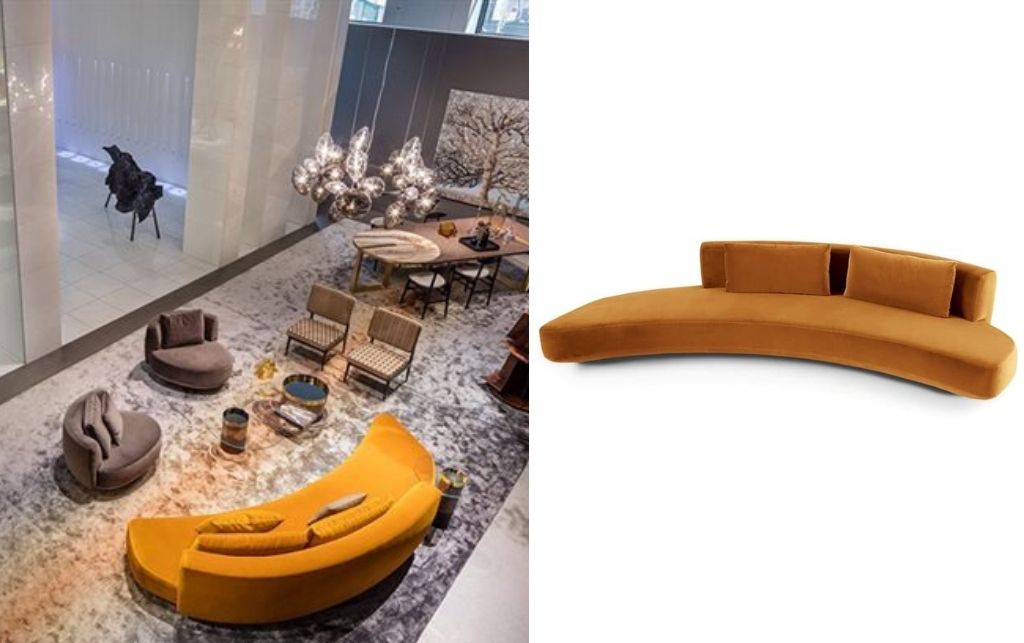 Audrey Sofa by Gallotti and Radice in rich mustard-amber tone with curved backrest