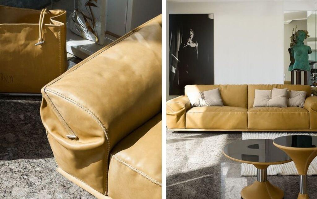 Limousine Sofa by Gamma and Dandy in ochre leather with Punto Cavallo blanket stitching detail