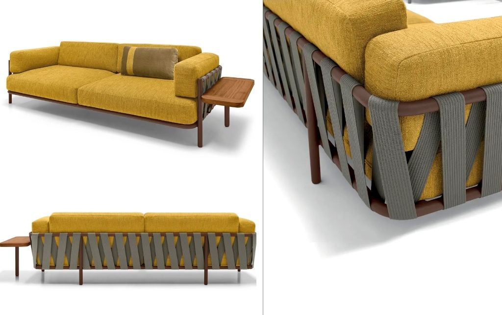 Punta Ala Outdoor Sofa by Arketipo with galvanised metal frame and mustard-gold crinkled fabric cushions