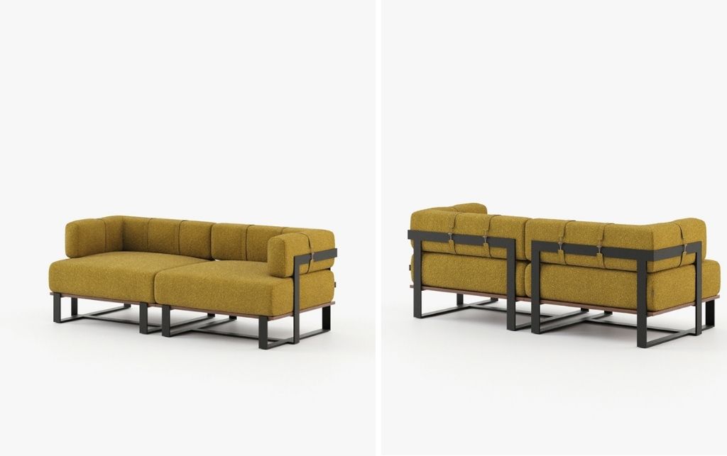 Salim Outdoor Sofa by Laskasas with textured black iron structure and mustard cushions