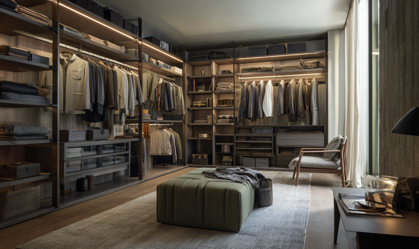 Walk-in wardrobe storage design by FCI London