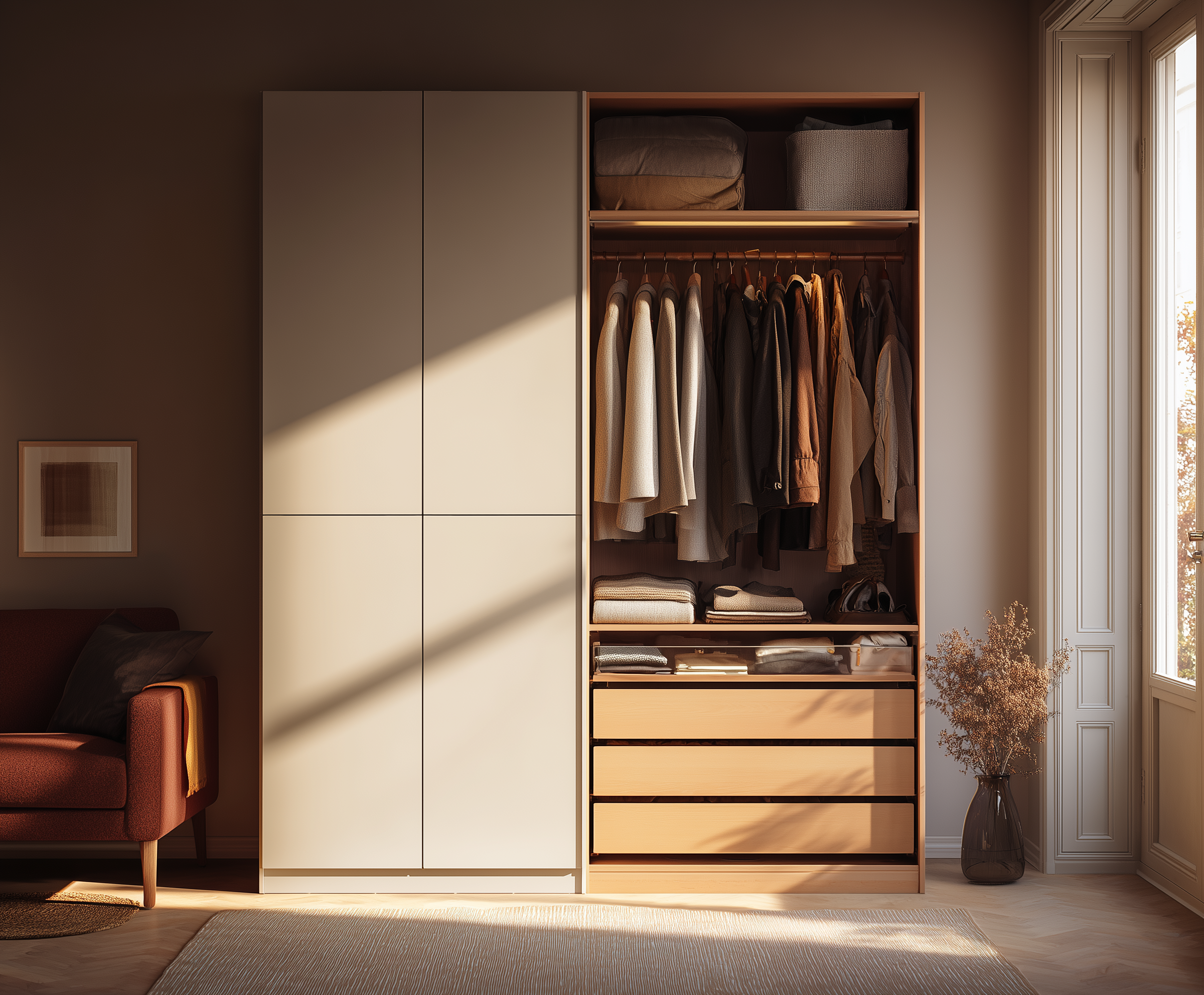 2 door wardrobe with drawers in a modern bedroom