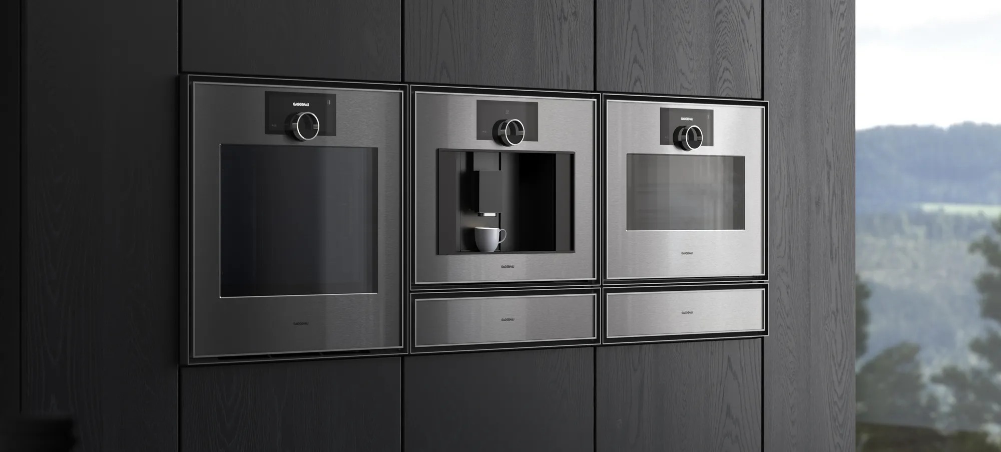 Gaggenau coffee machine and stylish induction cooktop integrated into modern luxury kitchen design